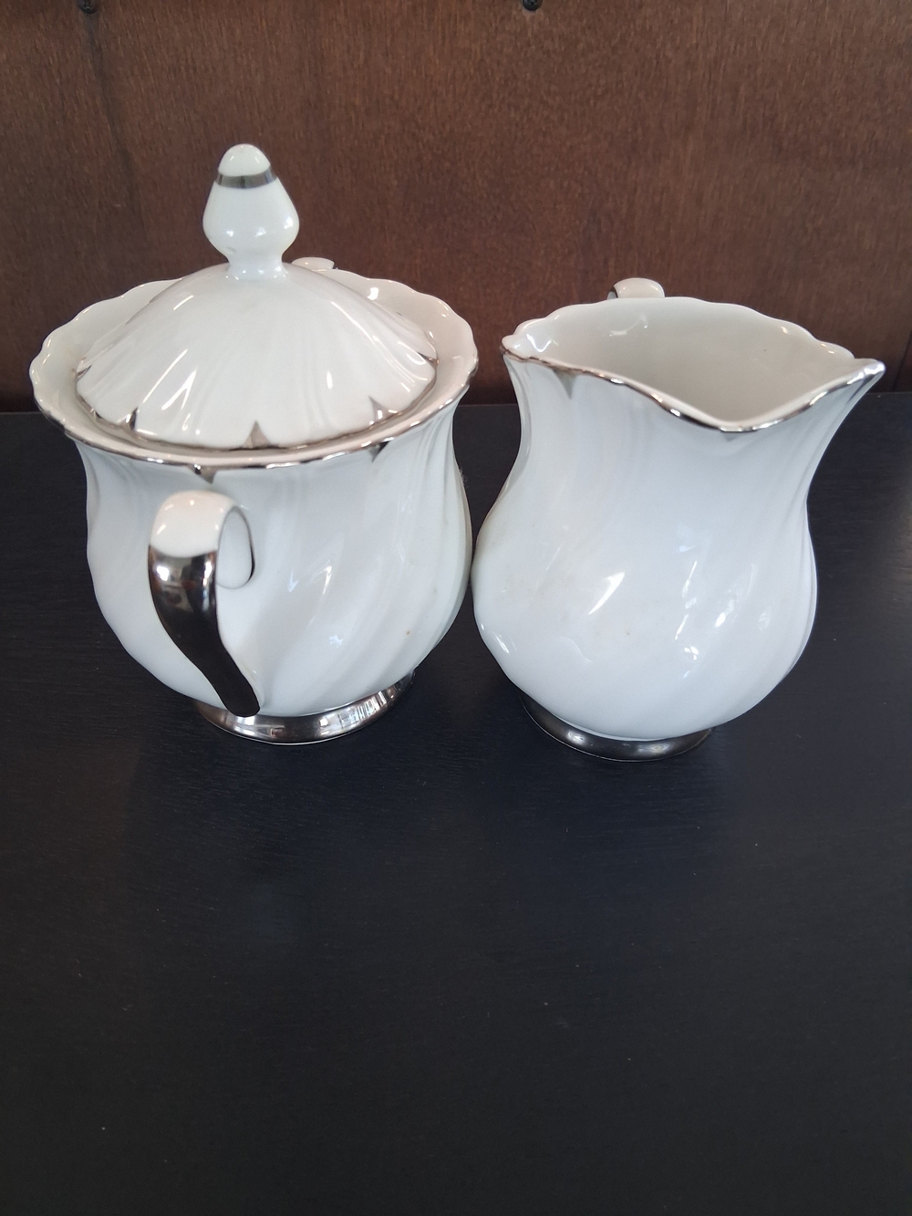 White Porcelain Creamer and Sugar Set with Silver Trim. Vintage Harmony House.